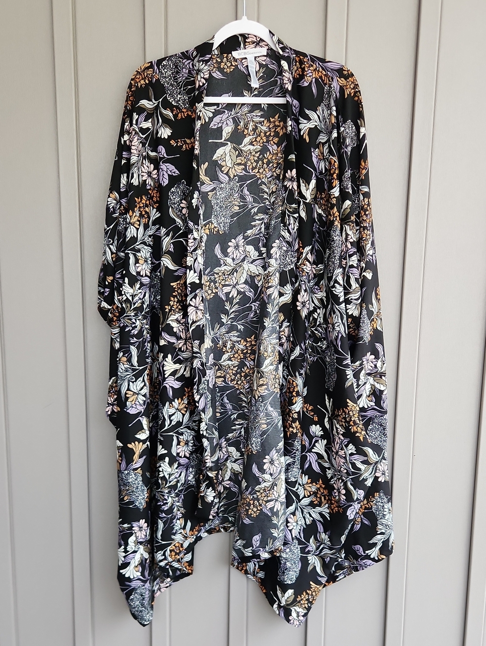 BCBGeneration Black Floral  Kimono with Lilac & Gold Accents